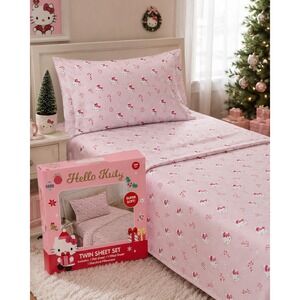 Hello Kitty Christmas Twin Sheet Set Pink Candy Cane Love 3 Piece Sanrio Bedding